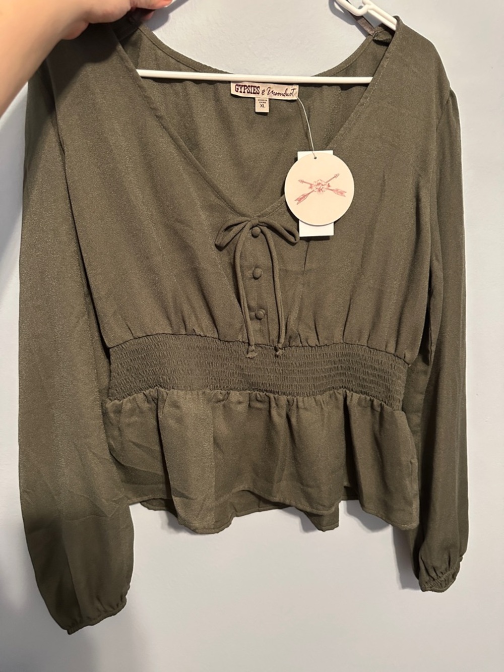 Gypsies & Moondust Olive Green V-Neck Smocked Peplum Blouse